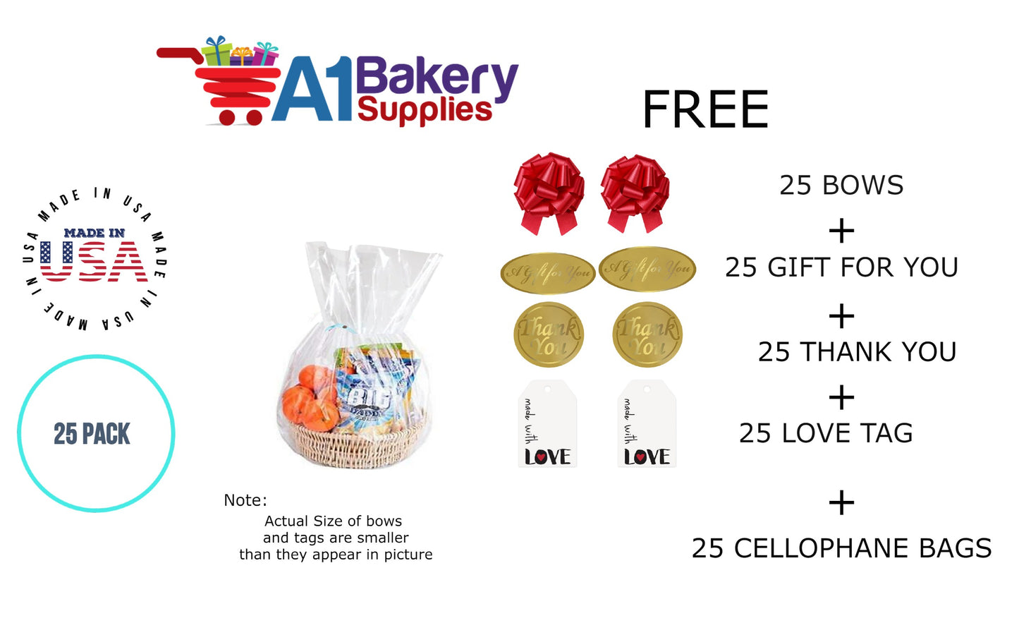 BOPP Sealable Cellophane Bags and Clear Gift Basket Wrap Packaging, 18 in x 30 in, Clear Cello Wrapping for Baby Shower, Wedding Party, or Event Giveaways, 25 Pack