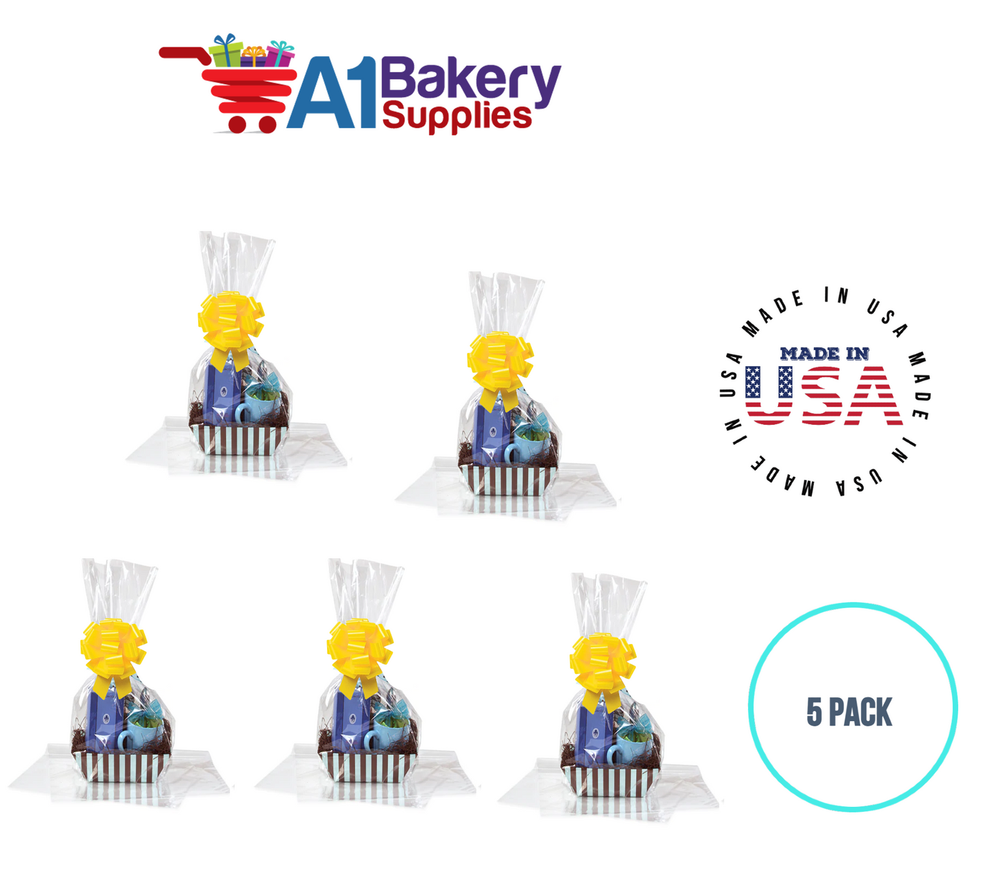 BOPP Sealable Cellophane Bags and Clear Gift Basket Wrap Packaging, 16 in x 24 in, Clear Cello Wrapping for Baby Shower, Wedding Party, or Event Giveaways, 5 Pack