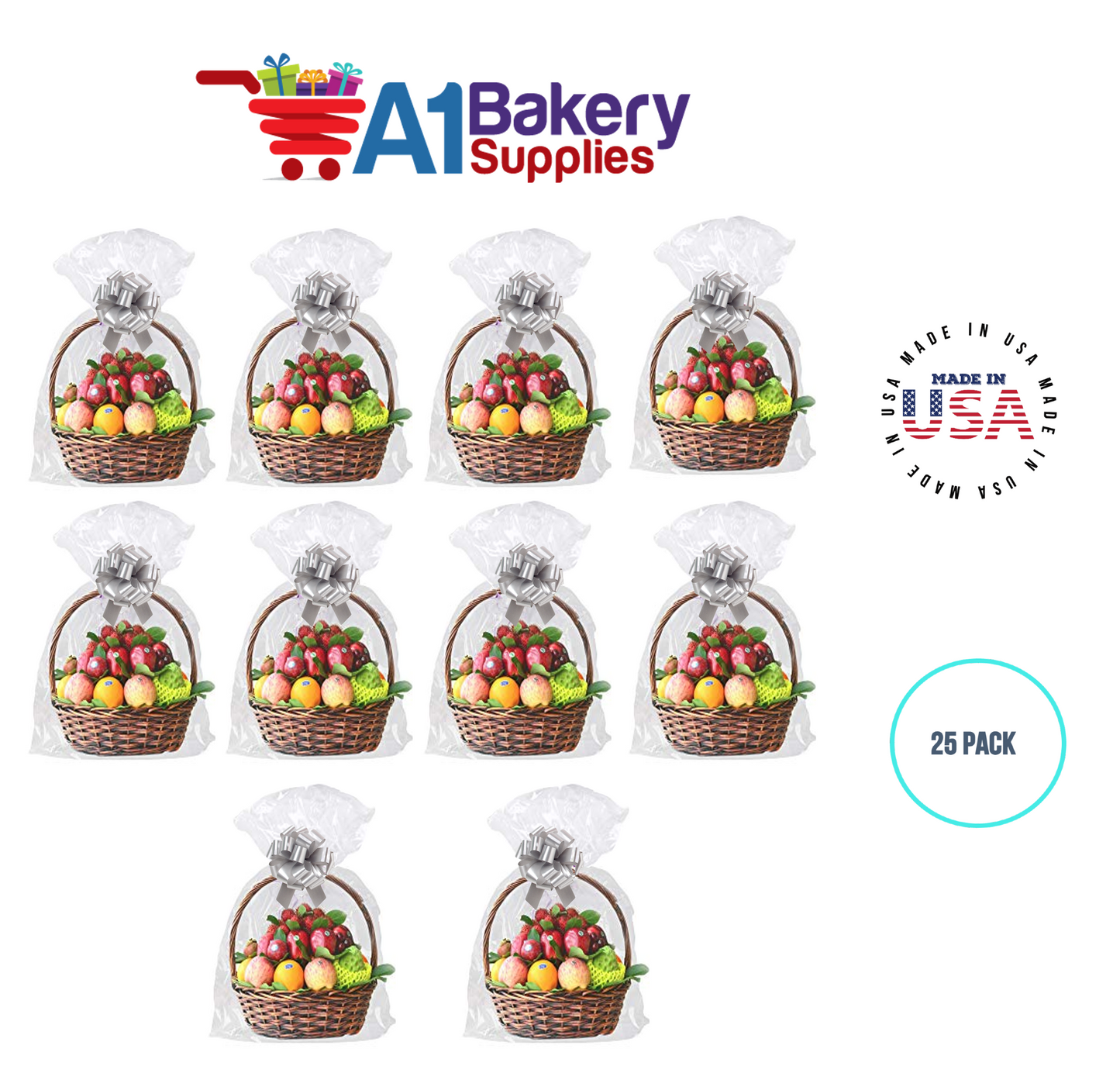 BOPP Sealable Cellophane Bags and Clear Gift Basket Wrap Packaging, 20 in x 30 in, Clear Cello Wrapping for Baby Shower, Wedding Party, or Event Giveaways, 25 Pack