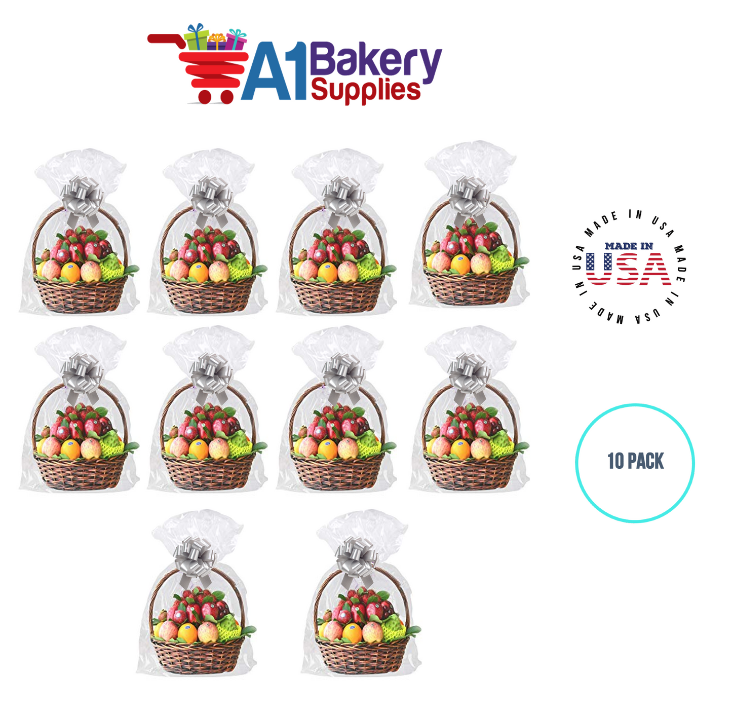 BOPP Sealable Cellophane Bags and Clear Gift Basket Wrap Packaging, 20 in x 30 in, Clear Cello Wrapping for Baby Shower, Wedding Party, or Event Giveaways, 10 Pack