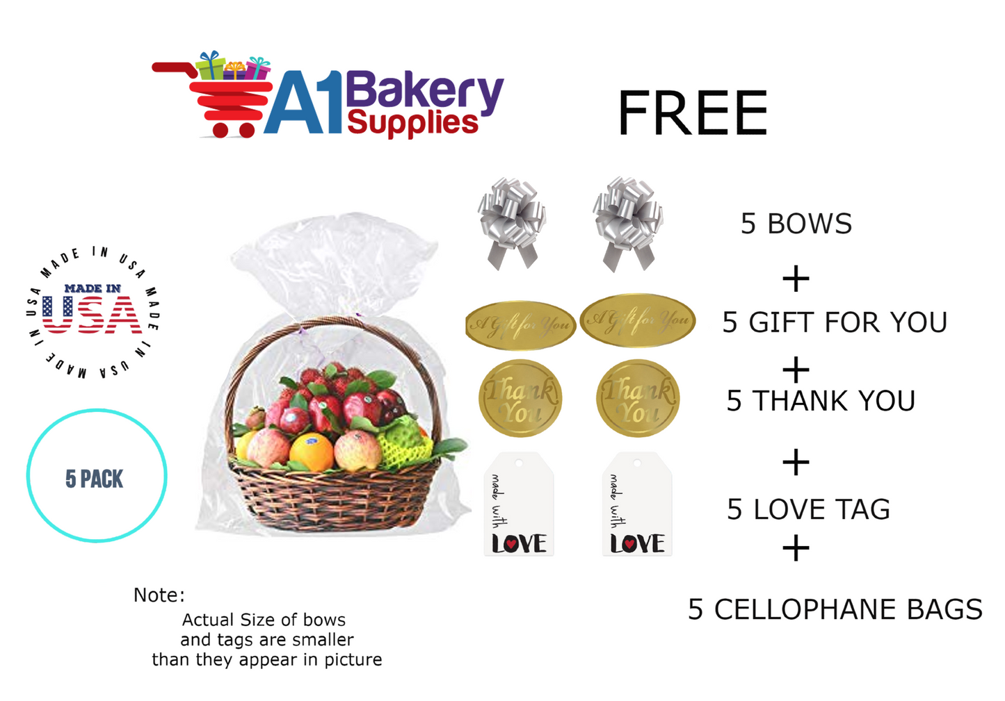 BOPP Sealable Cellophane Bags and Clear Gift Basket Wrap Packaging, 20 in x 30 in, Clear Cello Wrapping for Baby Shower, Wedding Party, or Event Giveaways, 5 Pack