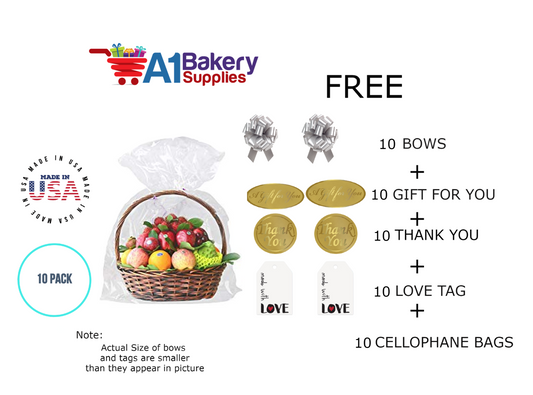 BOPP Sealable Cellophane Bags and Clear Gift Basket Wrap Packaging, 20 in x 30 in, Clear Cello Wrapping for Baby Shower, Wedding Party, or Event Giveaways, 10 Pack
