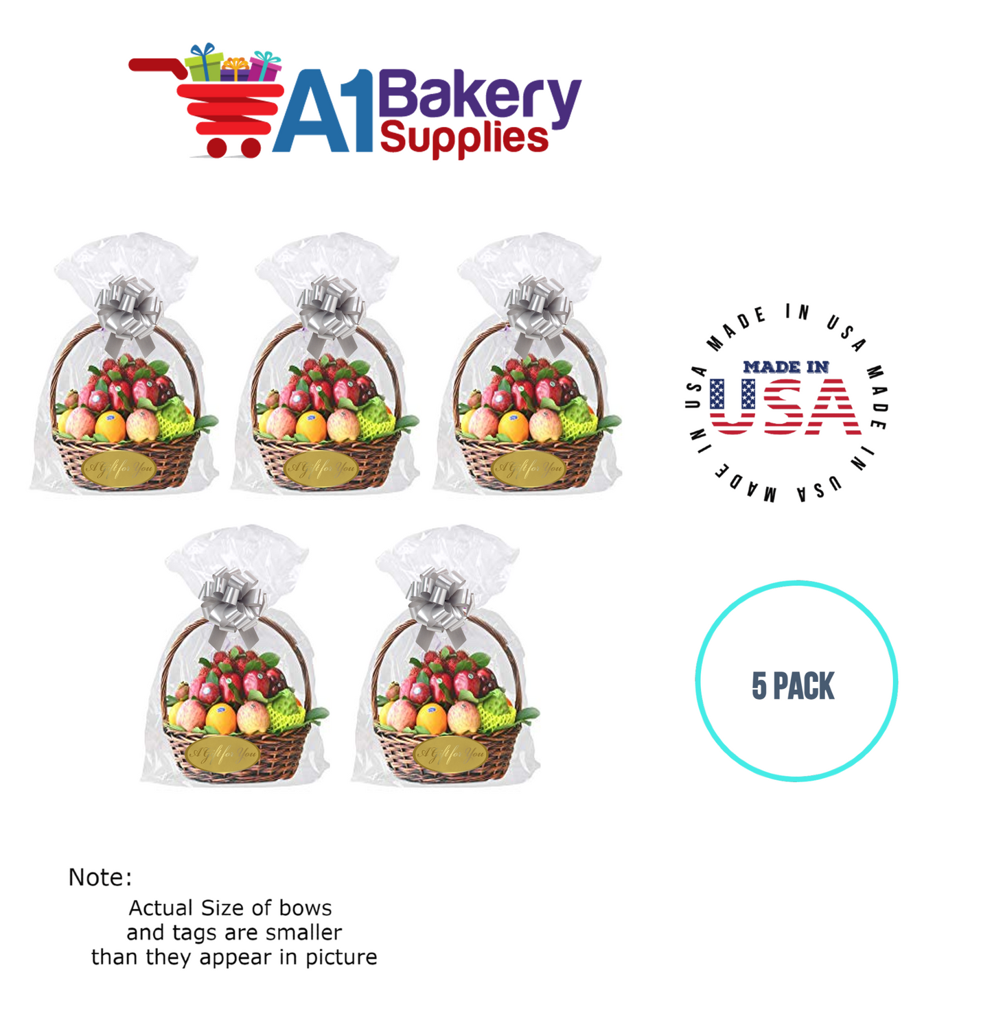 BOPP Sealable Cellophane Bags and Clear Gift Basket Wrap Packaging, 20 in x 30 in, Clear Cello Wrapping for Baby Shower, Wedding Party, or Event Giveaways, 5 Pack