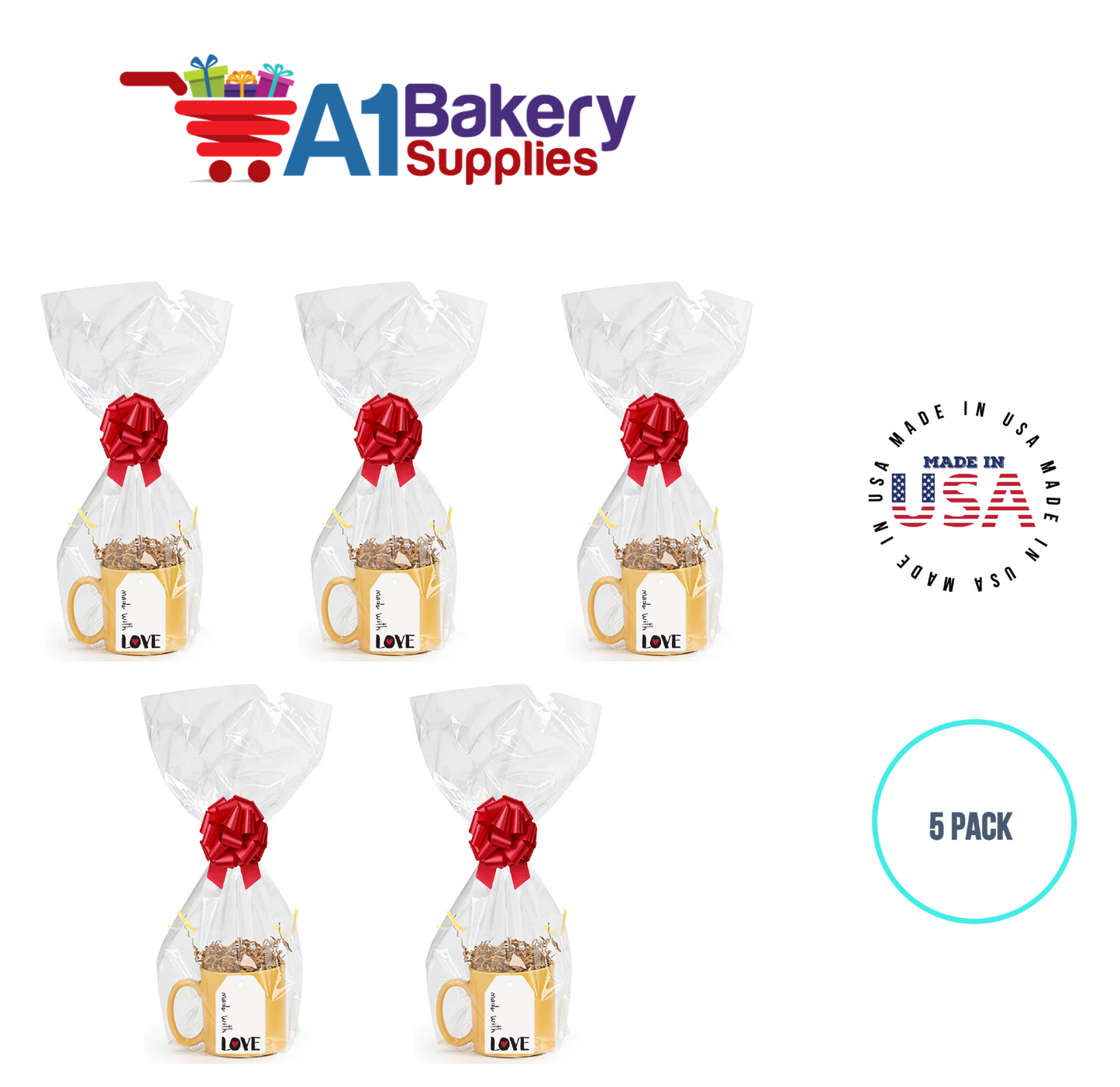 BOPP Sealable Cellophane Bags and Clear Gift Basket Wrap Packaging, 9 in x 20 in, Clear Cello Wrapping for Baby Shower, Wedding Party, or Event Giveaways, 5 Pack