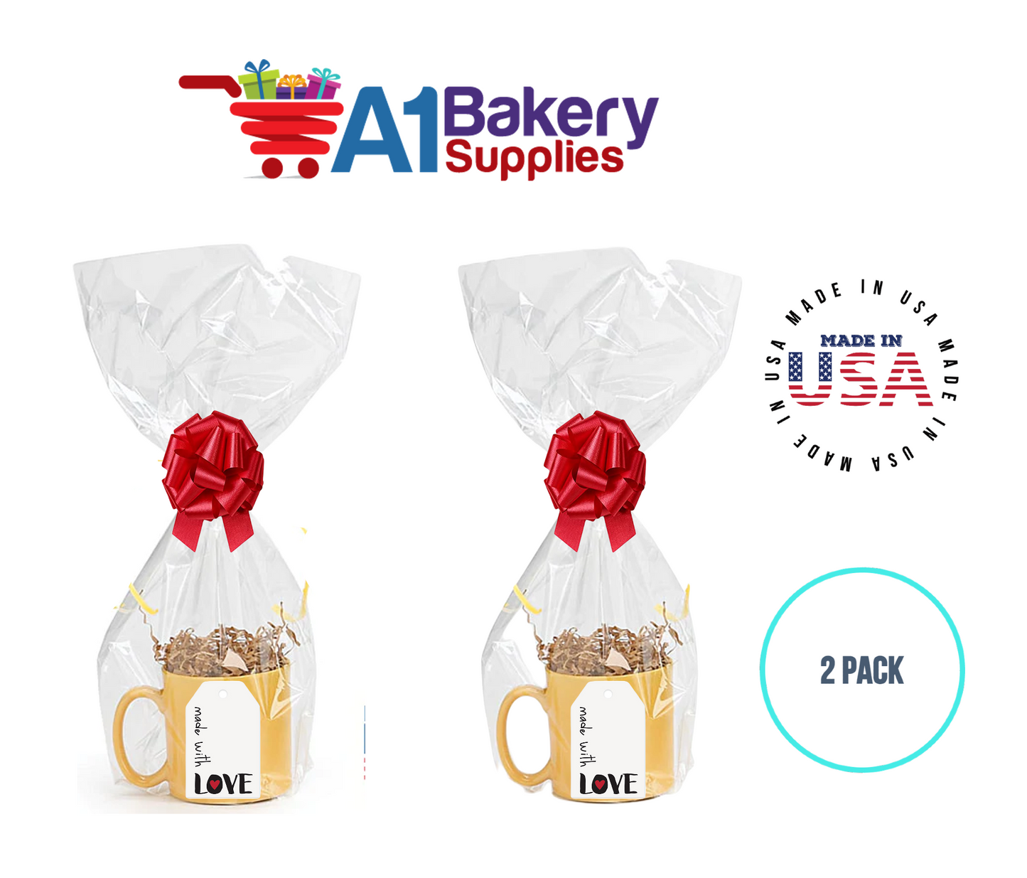 BOPP Sealable Cellophane Bags and Clear Gift Basket Wrap Packaging, 9 in x 20 in, Clear Cello Wrapping for Baby Shower, Wedding Party, or Event Giveaways, 2 Pack