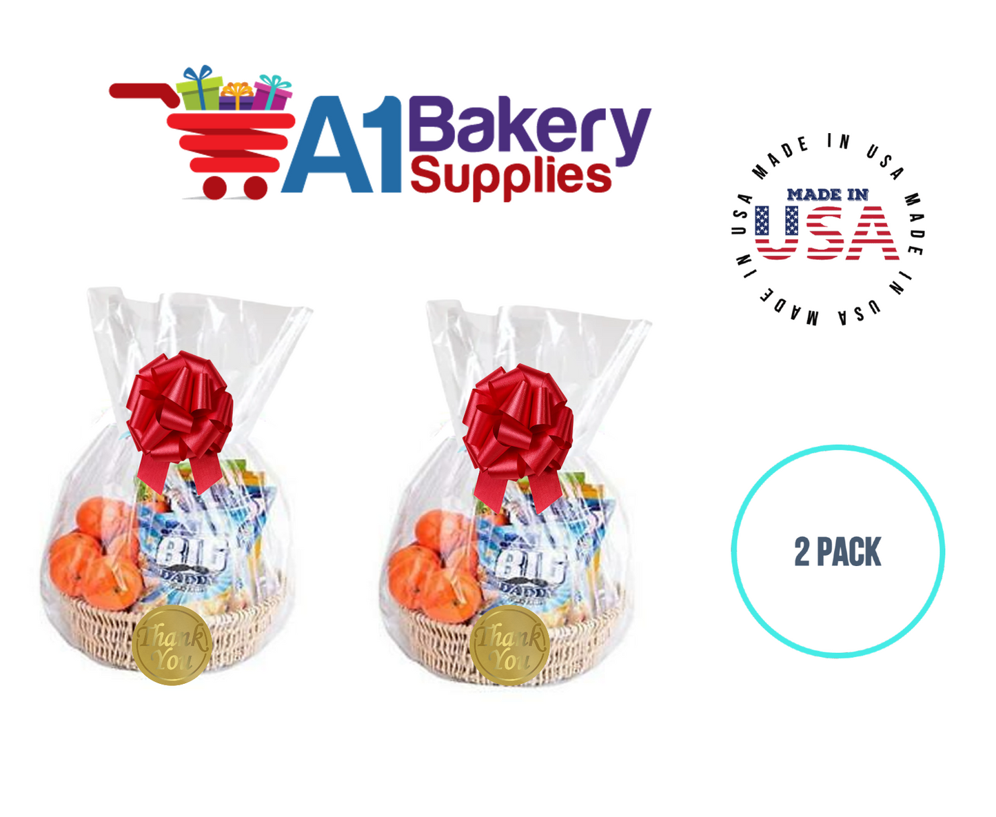 BOPP Sealable Cellophane Bags and Clear Gift Basket Wrap Packaging, 18 in x 30 in, Clear Cello Wrapping for Baby Shower, Wedding Party, or Event Giveaways, 2 Pack