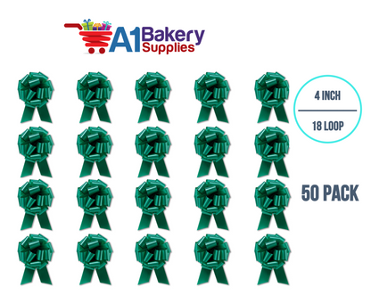 A1BakerySupplies 50 Pieces Pull Bow for Gift Wrapping Gift Bows Pull Bow With Ribbon for Wedding Gift Baskets, 4 Inch 18 Loop Emerald Green Flora Satin Color
