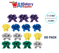 A1BakerySupplie 50 Pieces Pull Bow for Gift Wrapping Gift Bows Pull Bow With Ribbon for Wedding Gift Baskets, 2.5 Inch 14 Loop Christmas Assortment Flora Satin Color