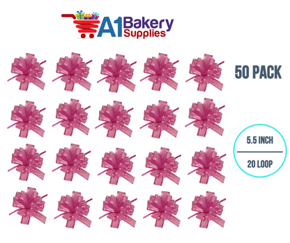 A1BakerySupplies 50 Pieces Pull Bow for Gift Wrapping Gift Bows Pull Bow With Ribbon for Wedding Gift Baskets, 5.5 Inch 20 Loop in Hot Pink Color
