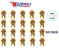 A1BakerySupplies 50 Pieces Pull Bow for Gift Wrapping Gift Bows Pull Bow With Ribbon for Wedding Gift Baskets, 8 Inch 20 Loop in Holiday Gold Color