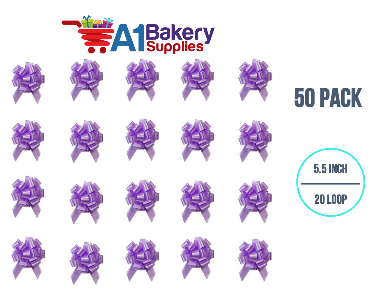 A1BakerySupplies 50 Pieces Pull Bow for Gift Wrapping Gift Bows Pull Bow With Ribbon for Wedding Gift Baskets, 5.5 Inch 20 Loop in Lavender Color