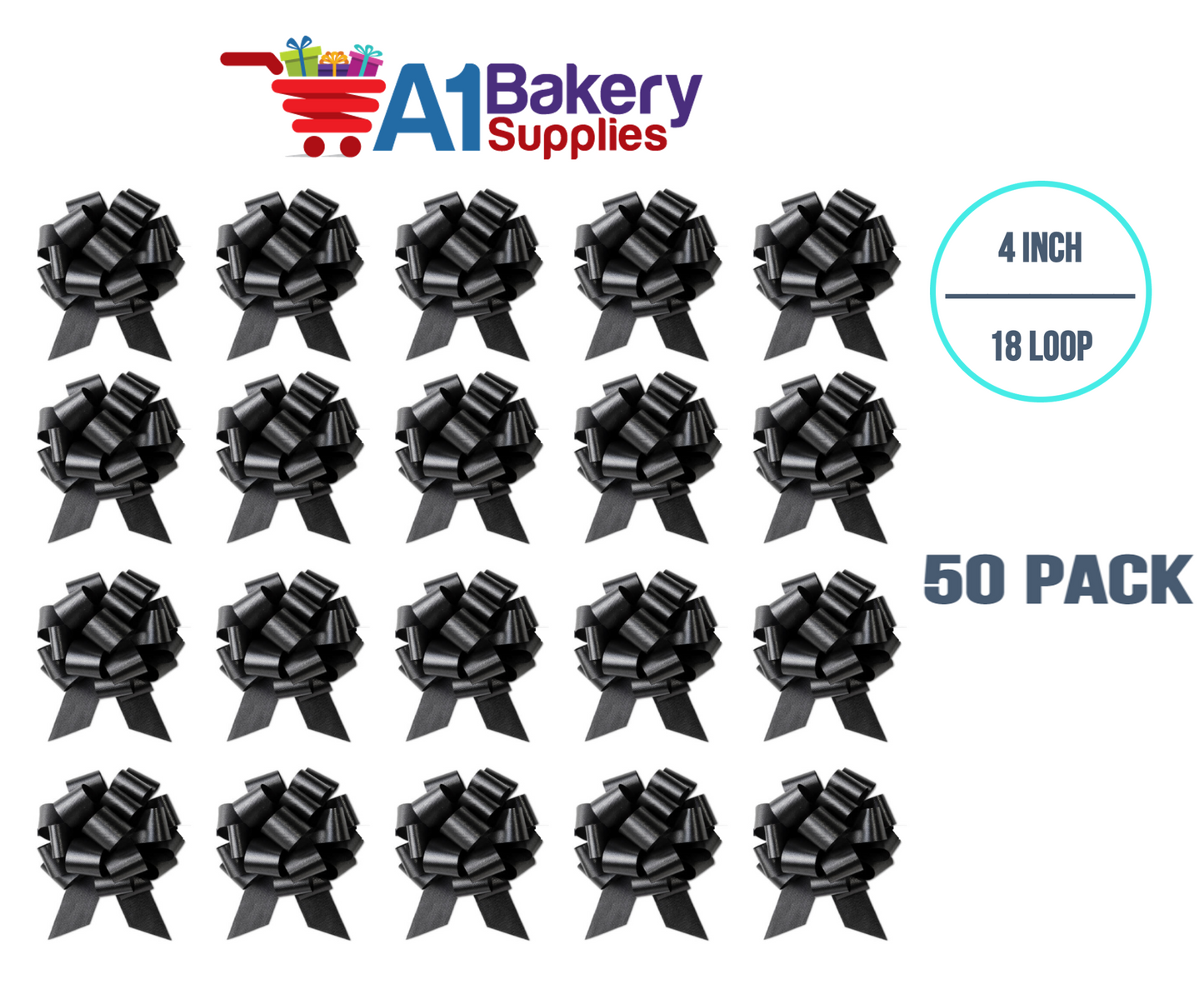 A1BakerySupplies 50 Pieces Pull Bow for Gift Wrapping Gift Bows Pull Bow With Ribbon for Wedding Gift Baskets, 4 Inch 18 Loop Black Flora Satin Color
