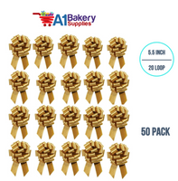 A1BakerySupplies 50 Pieces Pull Bow for Gift Wrapping Gift Bows Pull Bow With Ribbon for Wedding Gift Baskets, 5.5 Inch 20 Loop in Holiday Gold Color