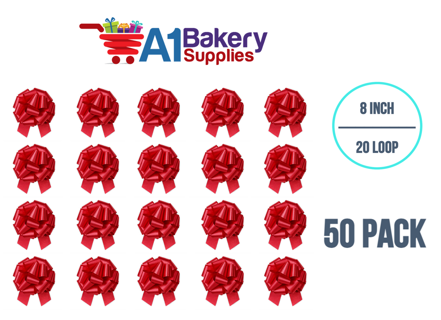 A1BakerySupplies 50 Pieces Pull Bow for Gift Wrapping Gift Bows Pull Bow With Ribbon for Wedding Gift Baskets, 8 Inch 20 Loop in Hot Red Flora Satin Color