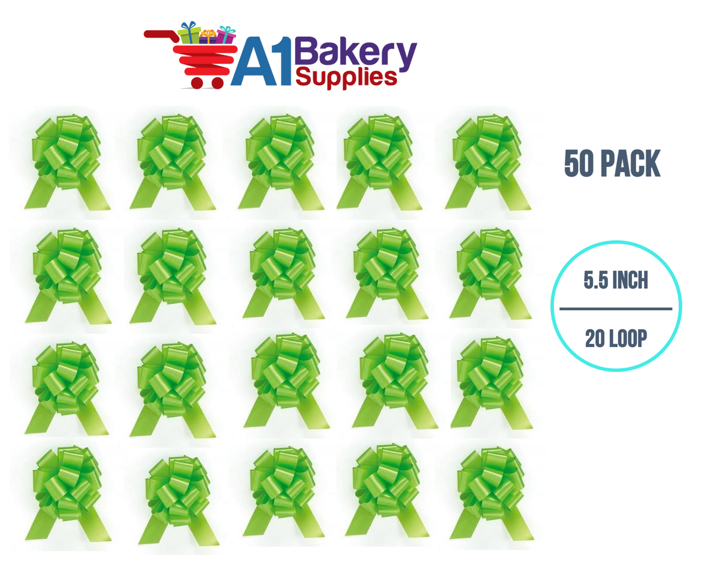 A1BakerySupplies 50 Pieces Pull Bow for Gift Wrapping Gift Bows Pull Bow With Ribbon for Wedding Gift Baskets, 5.5 Inch 20 Loop in Lime Green Color