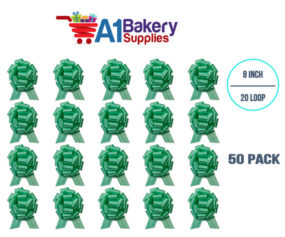 A1BakerySupplies 50 Pieces Pull Bow for Gift Wrapping Gift Bows Pull Bow With Ribbon for Wedding Gift Baskets, 8 Inch 20 Loop Emerald Green Flora Satin Color