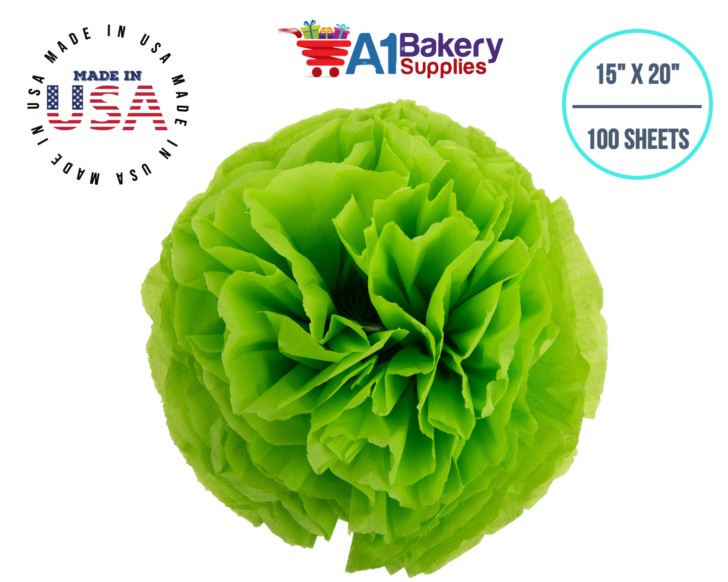 Bright Lime Tissue Paper Squares, Bulk 100 Sheets, Premium Gift Wrap and Art Supplies for Birthdays, Holidays, or Presents by A1BakerySupplies, Medium 15 Inch x 20 Inch