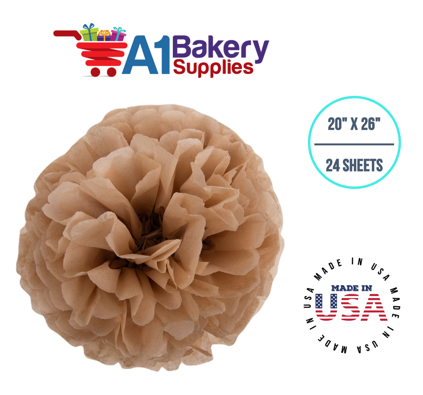 Desert Tan  Tissue Paper Squares, Bulk 24 Sheets, Premium Gift Wrap and Art Supplies for Birthdays, Holidays, or Presents by A1BakerySupplies, Small 20 Inch x 26 Inch