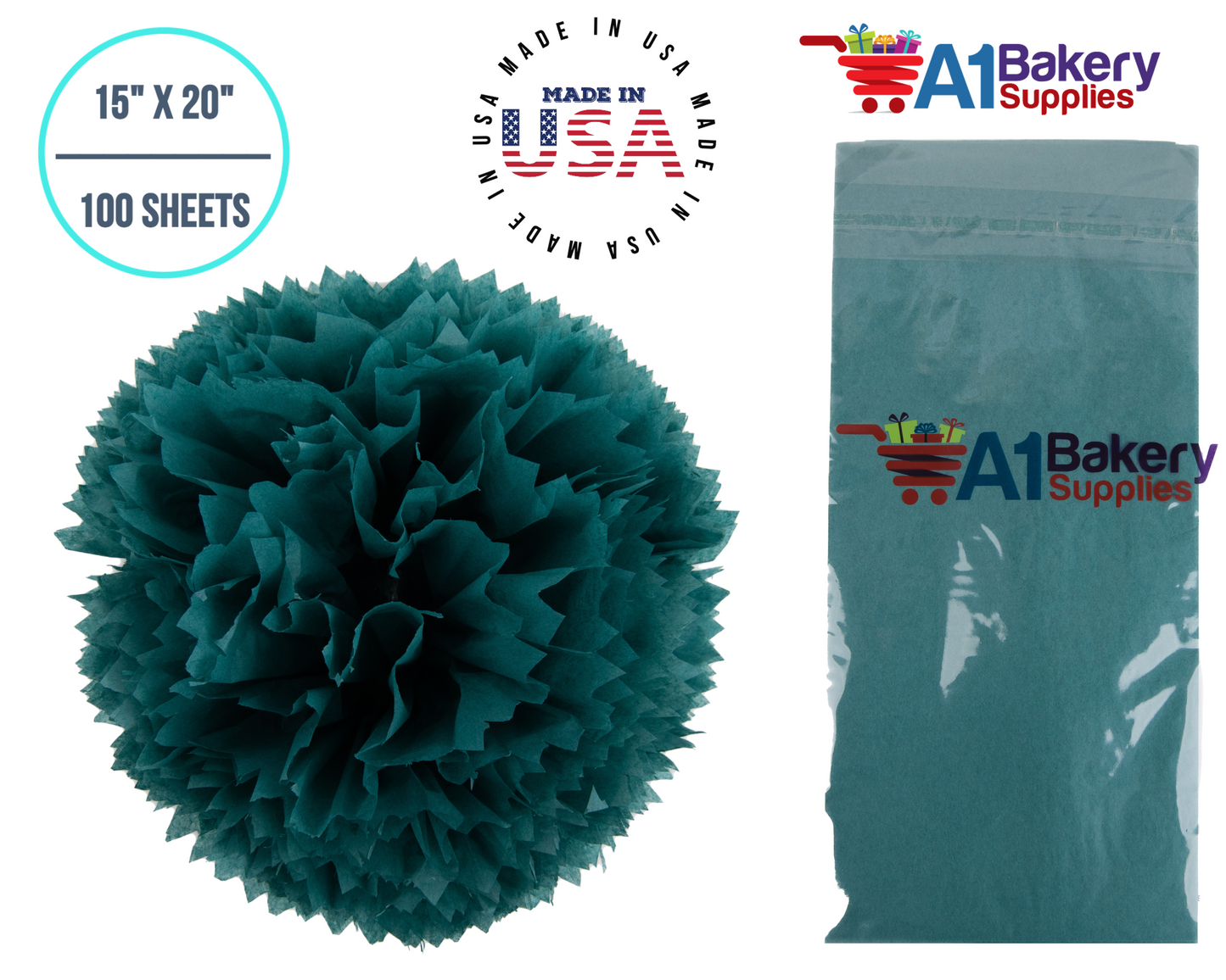 Teal Tissue Paper Squares, Bulk 100 Sheets, Premium Gift Wrap and Art Supplies for Birthdays, Holidays, or Presents by A1BakerySupplies, Medium 15 Inch x 20 Inch