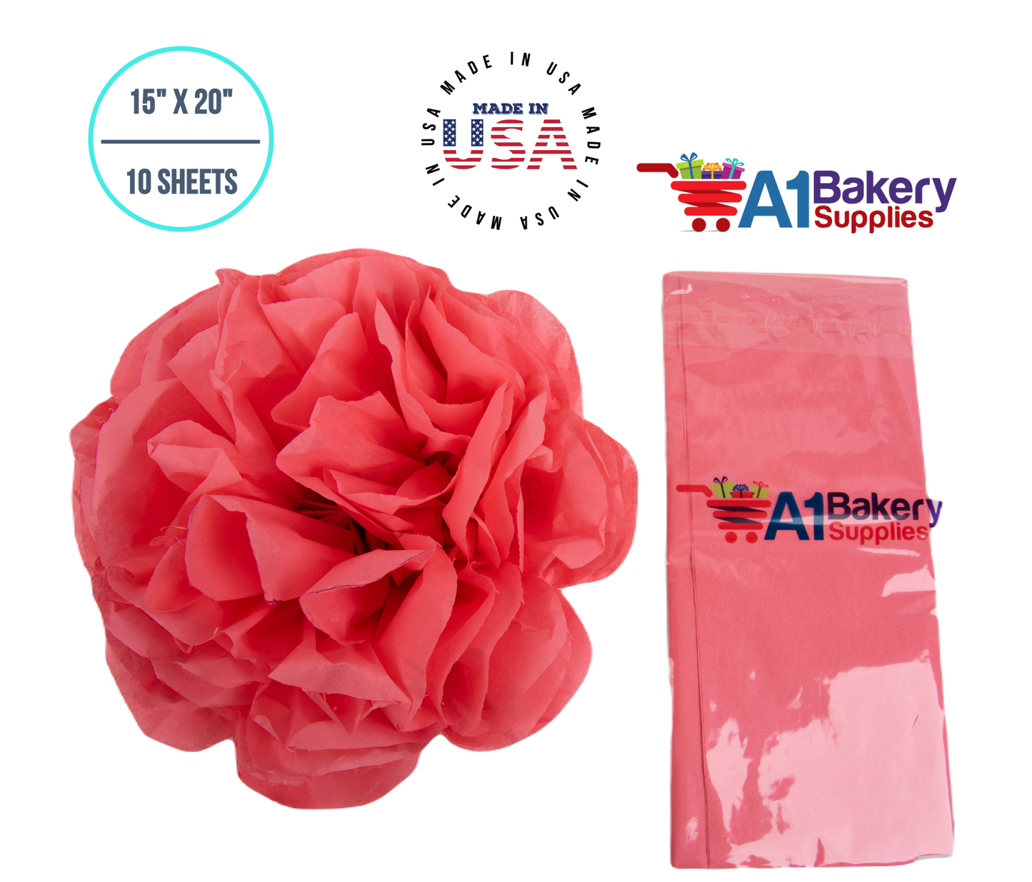 Coral Rose Tissue Paper Squares, Bulk 10 Sheets, Premium Gift Wrap and Art Supplies for Birthdays, Holidays, or Presents by A1BakerySupplies, Small 15 Inch x 20 Inch