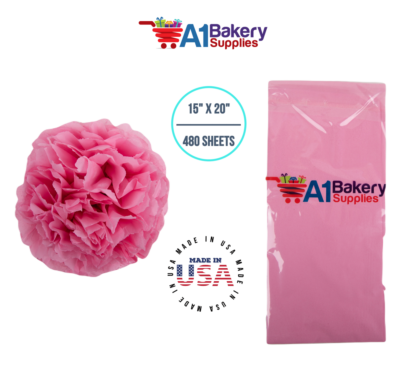 Pink Tissue Paper Squares, Bulk 480 Sheets, Premium Gift Wrap and Art Supplies for Birthdays, Holidays, or Presents by A1BakerySupplies, Large 15 Inch x 20 Inch