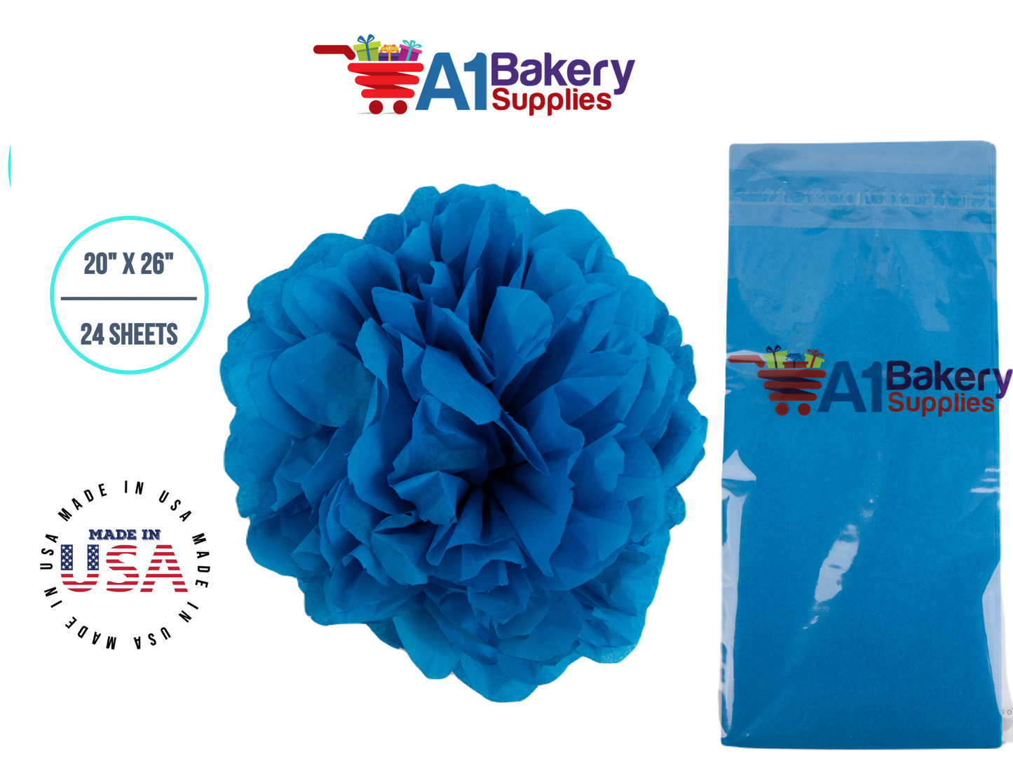 Brilliant Blue Color Tissue Paper 20 Inch x 26 Inch - 24 Sheets