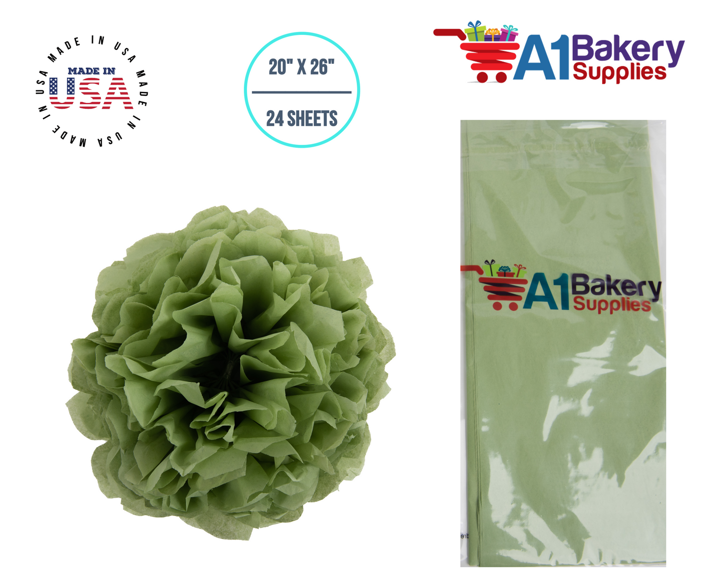 Sage Tissue Paper Squares, Bulk 24 Sheets, Premium Gift Wrap and Art Supplies for Birthdays, Holidays, or Presents by A1BakerySupplies, Small 20 Inch x 26 Inch