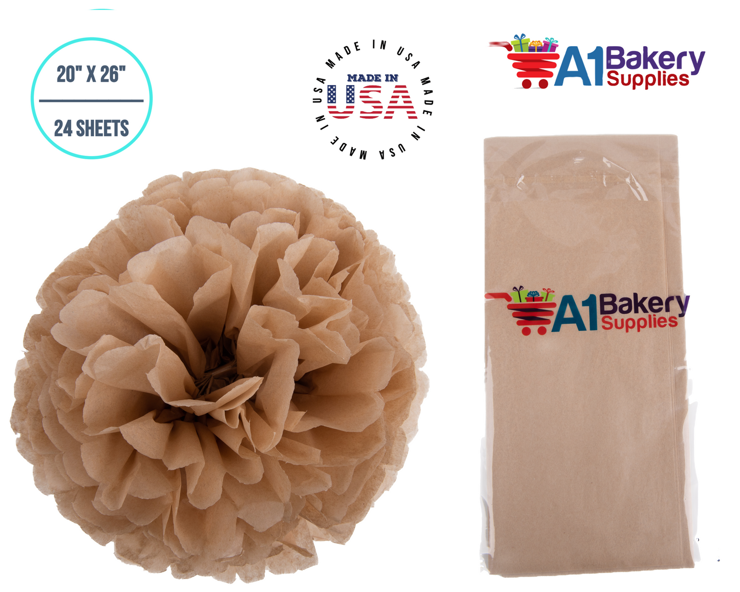 Desert Tan  Tissue Paper Squares, Bulk 24 Sheets, Premium Gift Wrap and Art Supplies for Birthdays, Holidays, or Presents by A1BakerySupplies, Small 20 Inch x 26 Inch