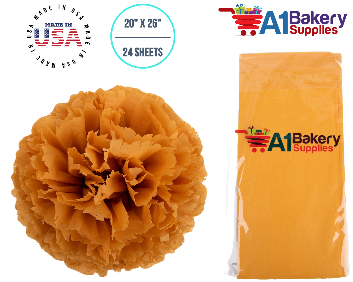 Goldenrod Tissue Paper Squares, Bulk 24 Sheets, Premium Gift Wrap and Art Supplies for Birthdays, Holidays, or Presents by A1BakerySupplies, Small 20 Inch x 26 Inch