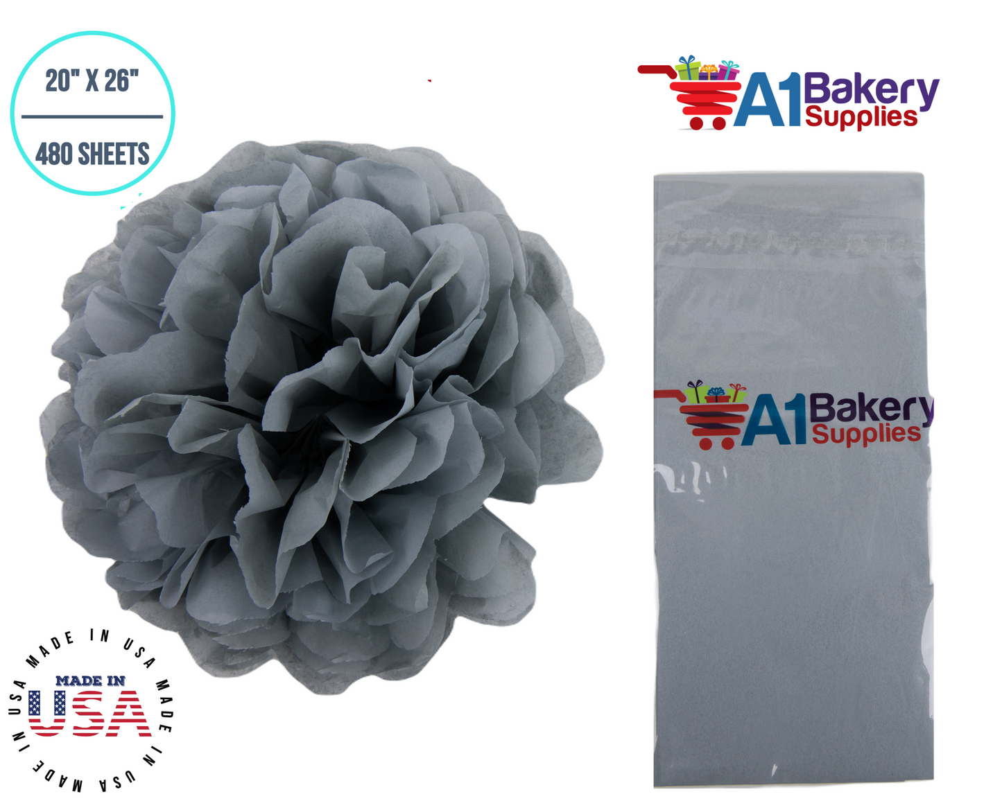Gray Tissue Paper Squares, Bulk 480 Sheets, Premium Gift Wrap and Art Supplies for Birthdays, Holidays, or Presents by A1BakerySupplies, Large 20 Inch x 26 Inch