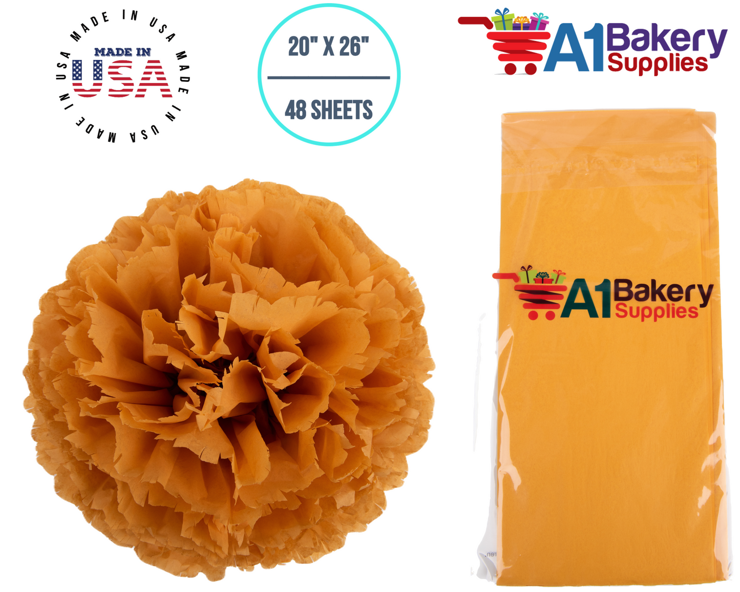 Goldenrod Tissue Paper Squares, Bulk 48 Sheets, Premium Gift Wrap and Art Supplies for Birthdays, Holidays, or Presents by A1BakerySupplies, Medium 20 Inch x 26 Inch