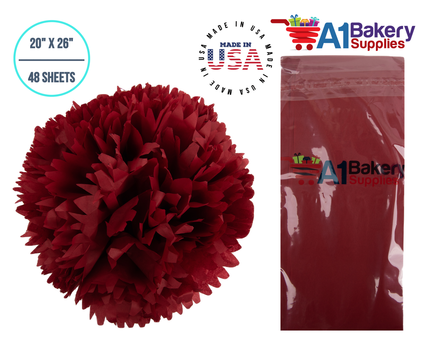 Scarlet Red Tissue Paper Squares, Bulk 48 Sheets, Premium Gift Wrap and Art Supplies for Birthdays, Holidays, or Presents by A1BakerySupplies, Medium 20 Inch x 26 Inch