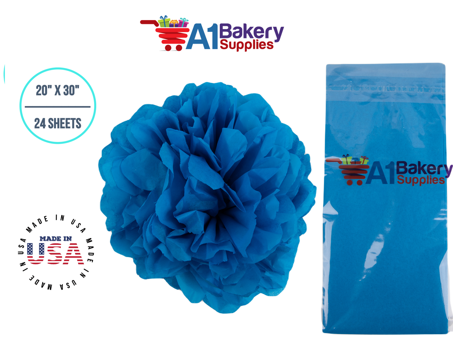Brilliant Blue Color Tissue Paper 20 Inch x 30 Inch - 24 Sheets