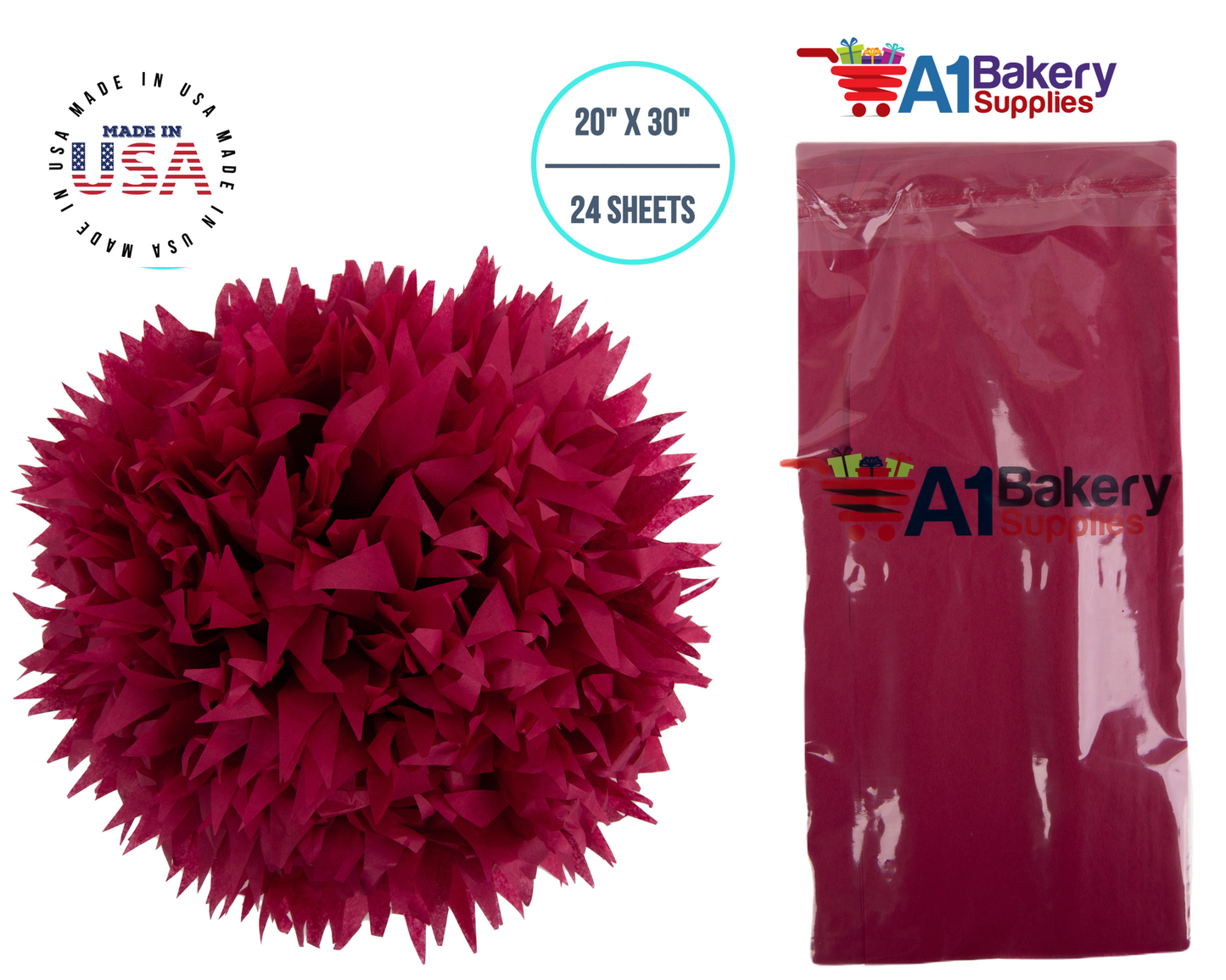 Cranberry Tissue Paper Squares, Bulk 24 Sheets, Premium Gift Wrap and Art Supplies for Birthdays, Holidays, or Presents by A1BakerySupplies, Small 20 Inch x 30 Inch