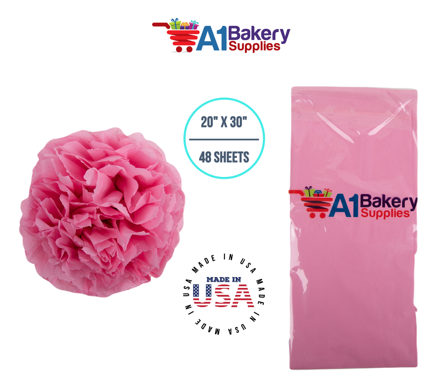 Pink Tissue Paper Squares, Bulk 48 Sheets, Premium Gift Wrap and Art Supplies for Birthdays, Holidays, or Presents by A1BakerySupplies, Medium 20 Inch x 30 Inch