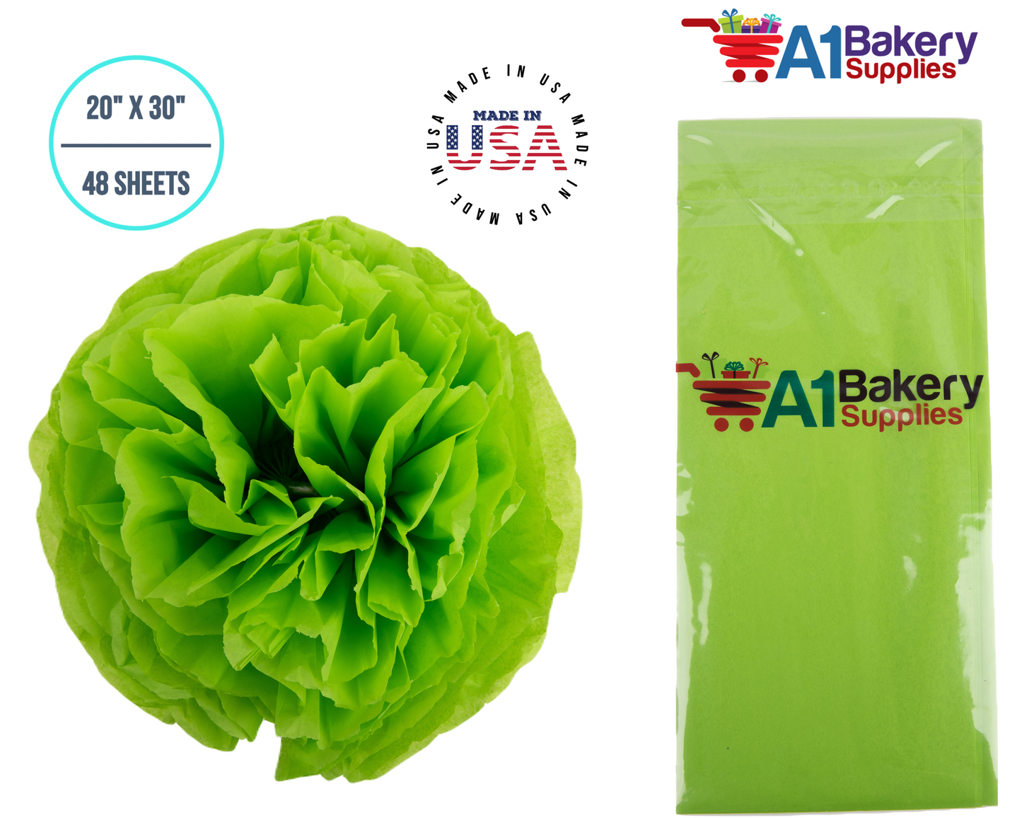 Bright Lime Tissue Paper Squares, Bulk 48 Sheets, Premium Gift Wrap and Art Supplies for Birthdays, Holidays, or Presents by A1BakerySupplies, Medium 20 Inch x 30 Inch