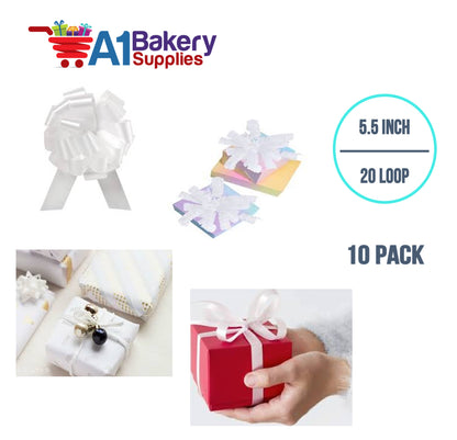 A1BakerySupplies 10 Pieces Pull Bow for Gift Wrapping Gift Bows Pull Bow With Ribbon for Wedding Gift Baskets, 5.5 Inch 20 Loop in White Color