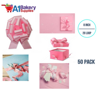 A1BakerySupplies 50 Pieces Pull Bow for Gift Wrapping Gift Bows Pull Bow With Ribbon for Wedding Gift Baskets, 8 Inch 20 Loop in Pink Flora Satin Color