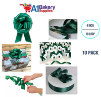 A1BakerySupplies 10 Pieces Pull Bow for Gift Wrapping Gift Bows Pull Bow With Ribbon for Wedding Gift Baskets, 4 Inch 18 Loop Emerald Green Flora Satin Color