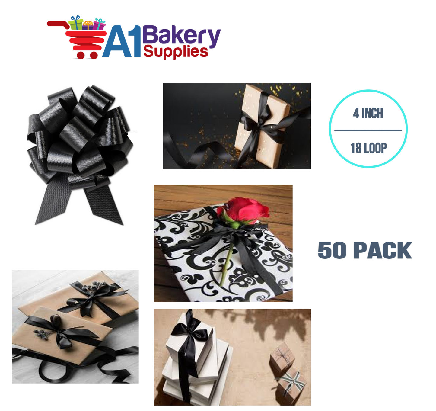 A1BakerySupplies 50 Pieces Pull Bow for Gift Wrapping Gift Bows Pull Bow With Ribbon for Wedding Gift Baskets, 4 Inch 18 Loop Black Flora Satin Color