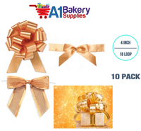 A1BakerySupplies 10 Pieces Pull Bow for Gift Wrapping Gift Bows Pull Bow With Ribbon for Wedding Gift Baskets, 4 Inch 18 Loop Gold Flora Satin Color