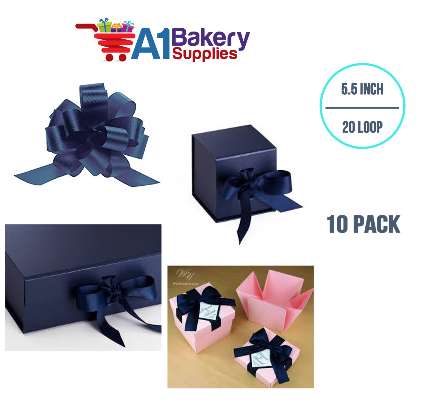 A1BakerySupplies 10 Pieces Pull Bow for Gift Wrapping Gift Bows Pull Bow With Ribbon for Wedding Gift Baskets, 5.5 Inch 20 Loop in Navy Blue Color