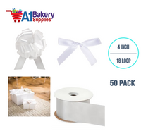 A1BakerySupplies 50 Pieces Pull Bow for Gift Wrapping Gift Bows Pull Bow With Ribbon for Wedding Gift Baskets, 4 Inch 18 Loop White Flora Satin Color