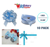 A1BakerySupplies 10 Pieces Pull Bow for Gift Wrapping Gift Bows Pull Bow With Ribbon for Wedding Gift Baskets, 4 Inch 18 Loop Light Blue Flora Satin Color
