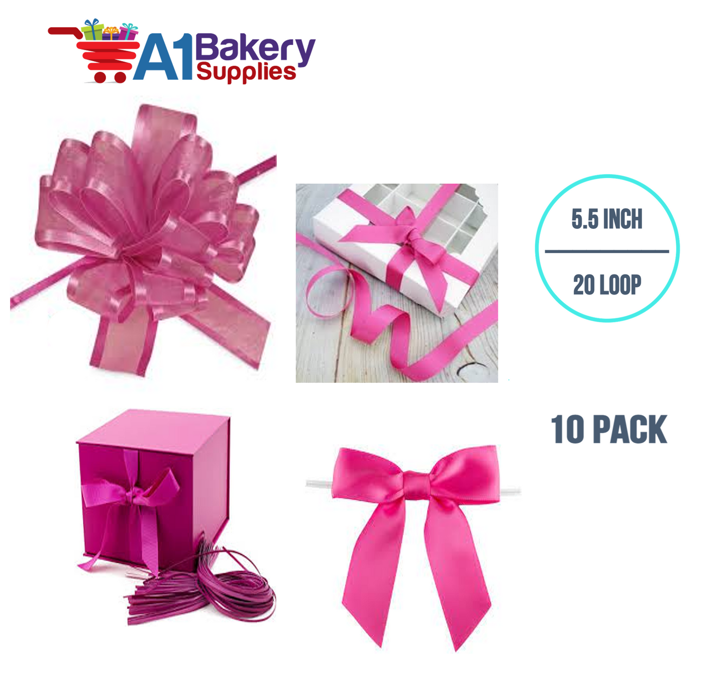 A1BakerySupplies 10 Pieces Pull Bow for Gift Wrapping Gift Bows Pull Bow With Ribbon for Wedding Gift Baskets, 5.5 Inch 20 Loop in Hot Pink Color