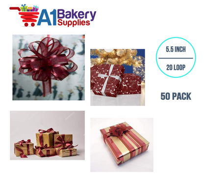 A1BakerySupplies 50 Pieces Pull Bow for Gift Wrapping Gift Bows Pull Bow With Ribbon for Wedding Gift Baskets, 5.5 Inch 20 Loop in Burgundy Color