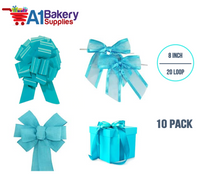 A1BakerySupplies 10 Pieces Pull Bow for Gift Wrapping Gift Bows Pull Bow With Ribbon for Wedding Gift Baskets, 8 Inch 20 Loop Turquoise Flora Satin Color