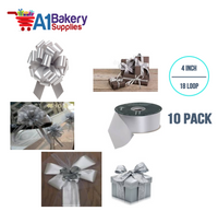 A1BakerySupplies 10 Pieces Pull Bow for Gift Wrapping Gift Bows Pull Bow With Ribbon for Wedding Gift Baskets, 4 Inch 18 Loop Silver Flora Satin Color