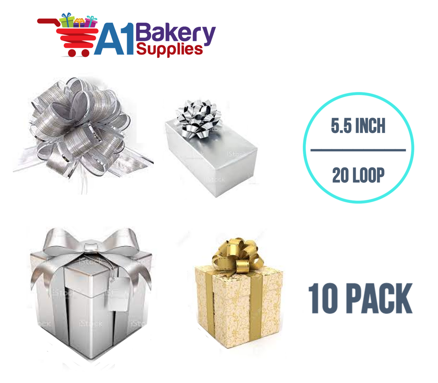 A1BakerySupplies 10 Pieces Pull Bow for Gift Wrapping Gift Bows Pull Bow With Ribbon for Wedding Gift Baskets, 5.5 Inch 20 Loop in Mixed Color
