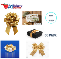 A1BakerySupplies 50 Pieces Pull Bow for Gift Wrapping Gift Bows Pull Bow With Ribbon for Wedding Gift Baskets, 4 Inch 18 Loop Holiday Gold Flora Satin Color
